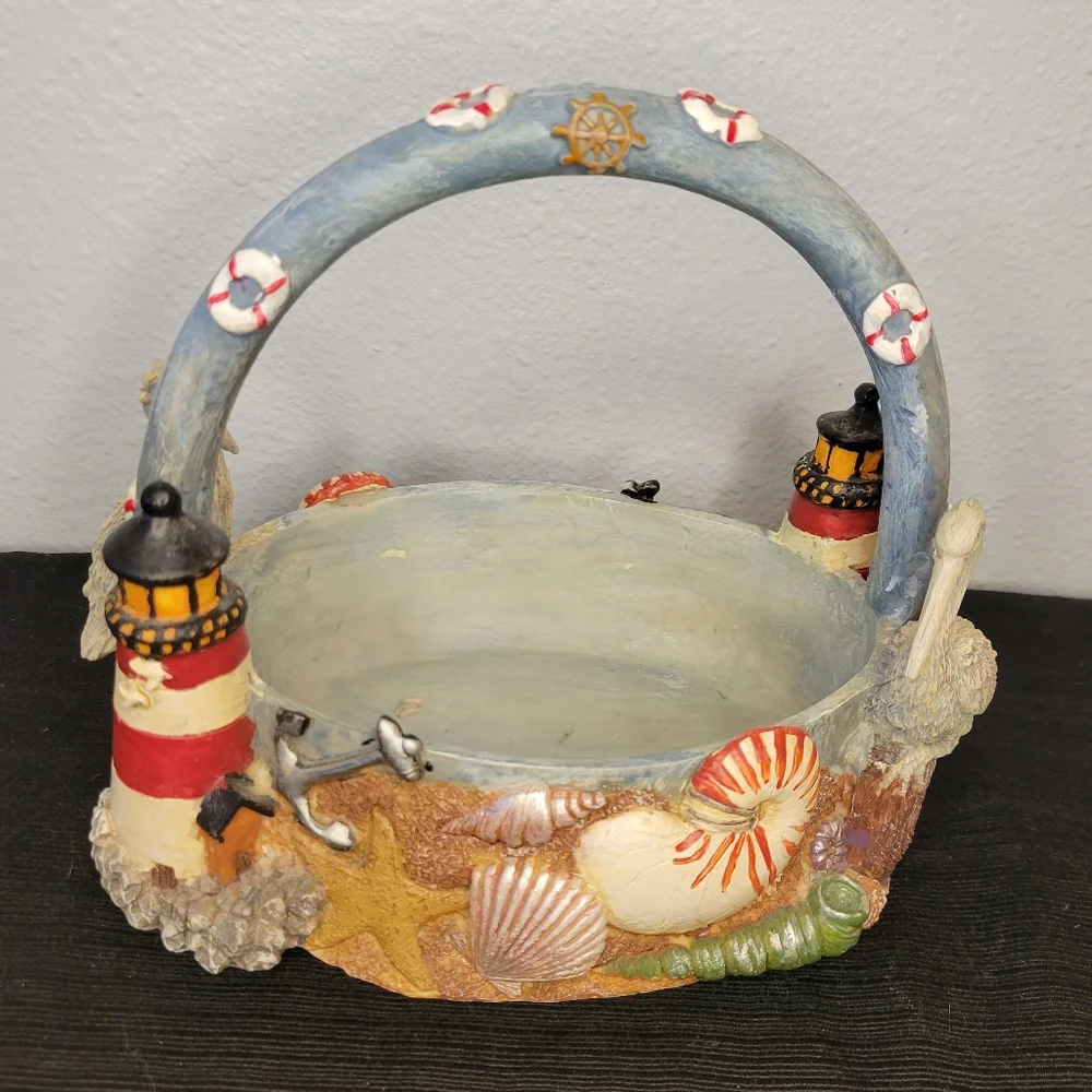 Vtg Lighthouse Pelican Basket Shells Anchors Life Vests Captain Gift